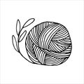 Vector illustration line art. a ball of wool for knitting and plant leaves. symbol of sustainable materials, knitting, crocheting, Royalty Free Stock Photo